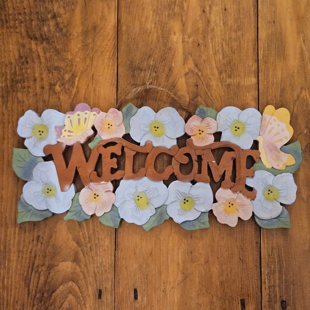 VTG Floral Wooden Welcome Wall Hanging Sign Butterfly Cottagecore Spring Decor